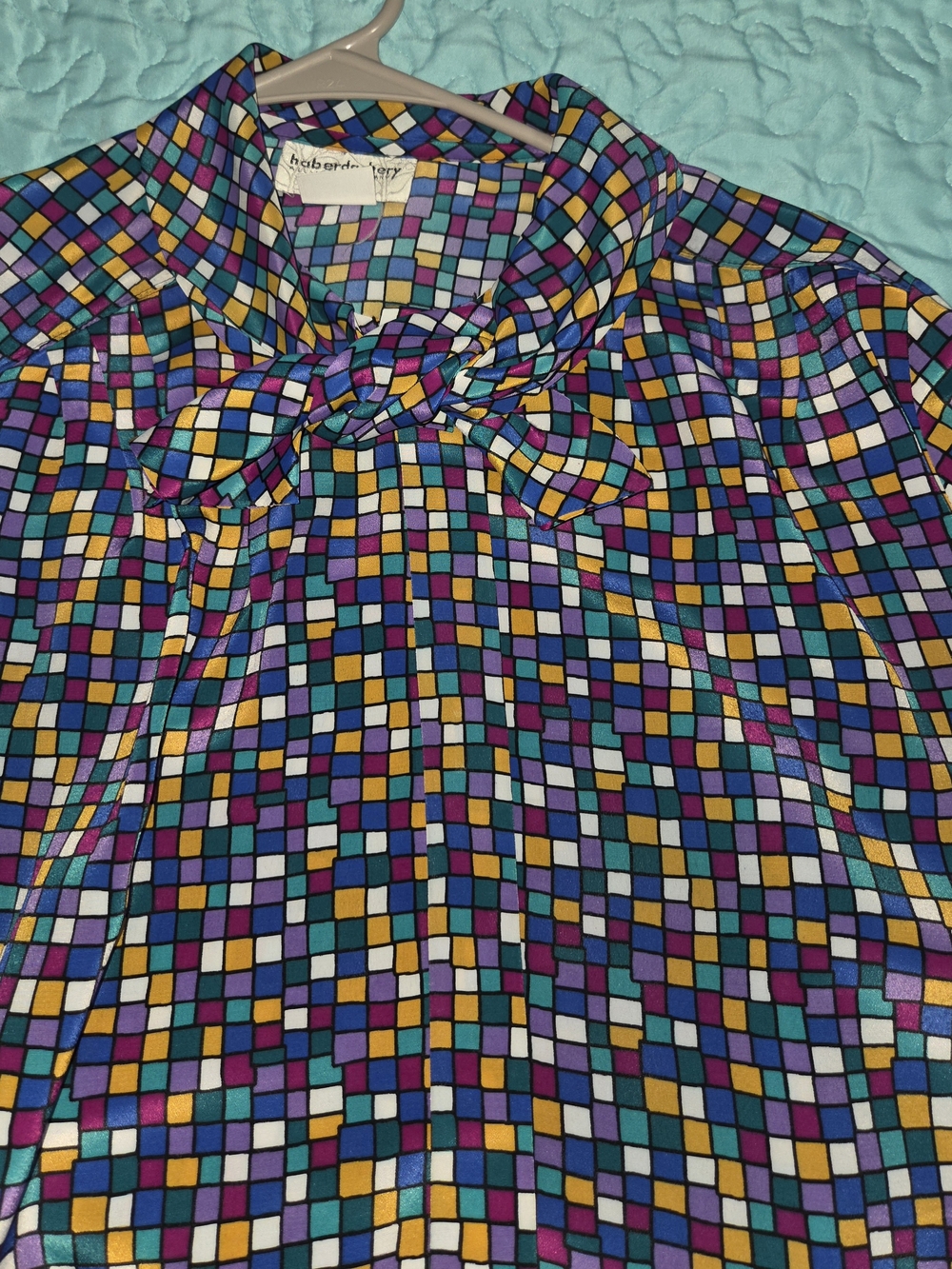 Colorblock Micro-Print Tie-Neck Shirt - Multicolor